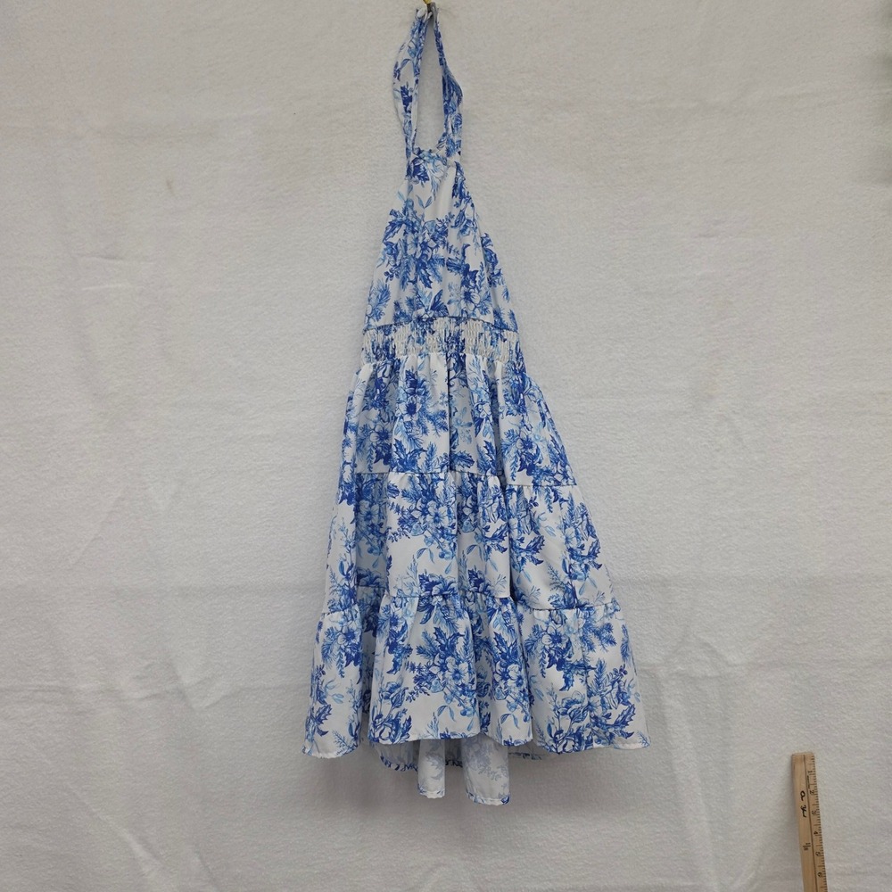 Grace Karin Girls Blue White Floral Toile Halter Neck Tiered Smocked Dress 7Y